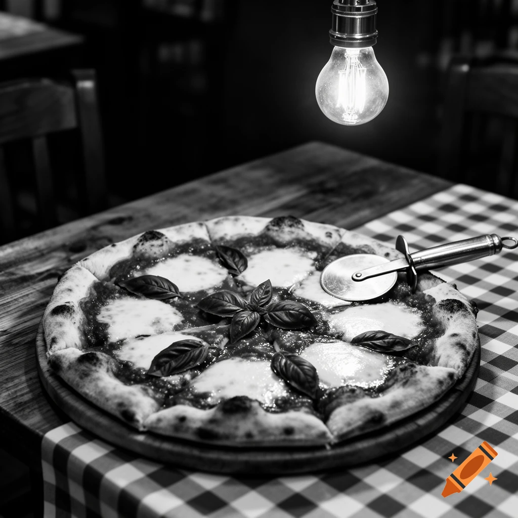 Photorealistic black and white image of a sliced Margherita pizza with basil and a pizza cutter on a checkered tablecloth under a glowing lightbulb.