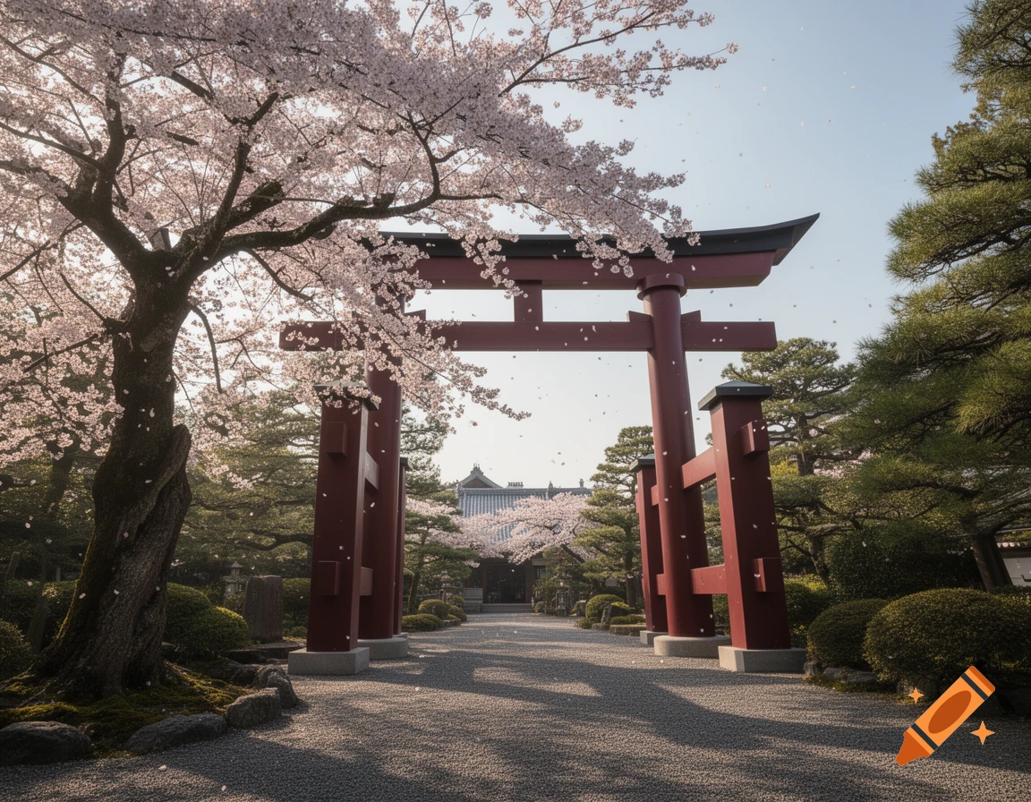 A red Japanese torii gate under blooming cherry blossoms, with petals falling onto a gravel path in a serene garden.