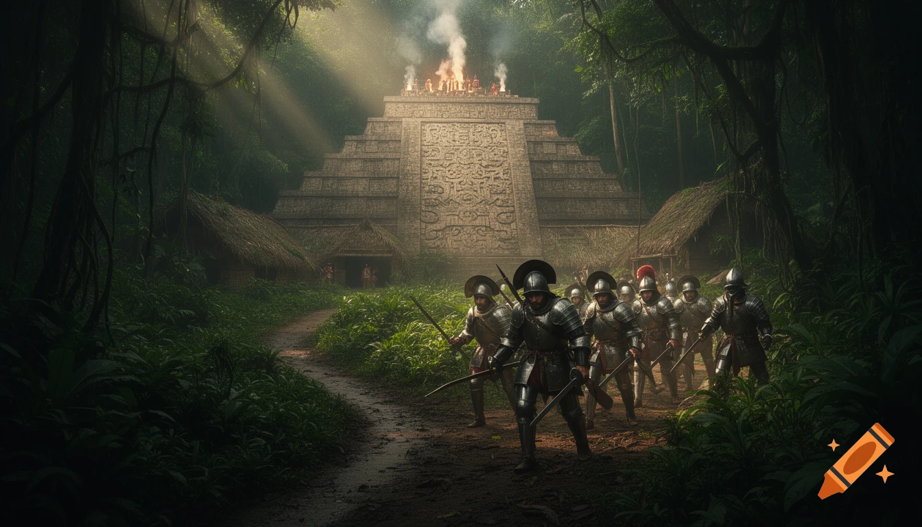 Spanish Conquistadors in armor advance on a jungle path toward an ancient Aztec pyramid with a ceremony and smoke on top, with sunbeams.