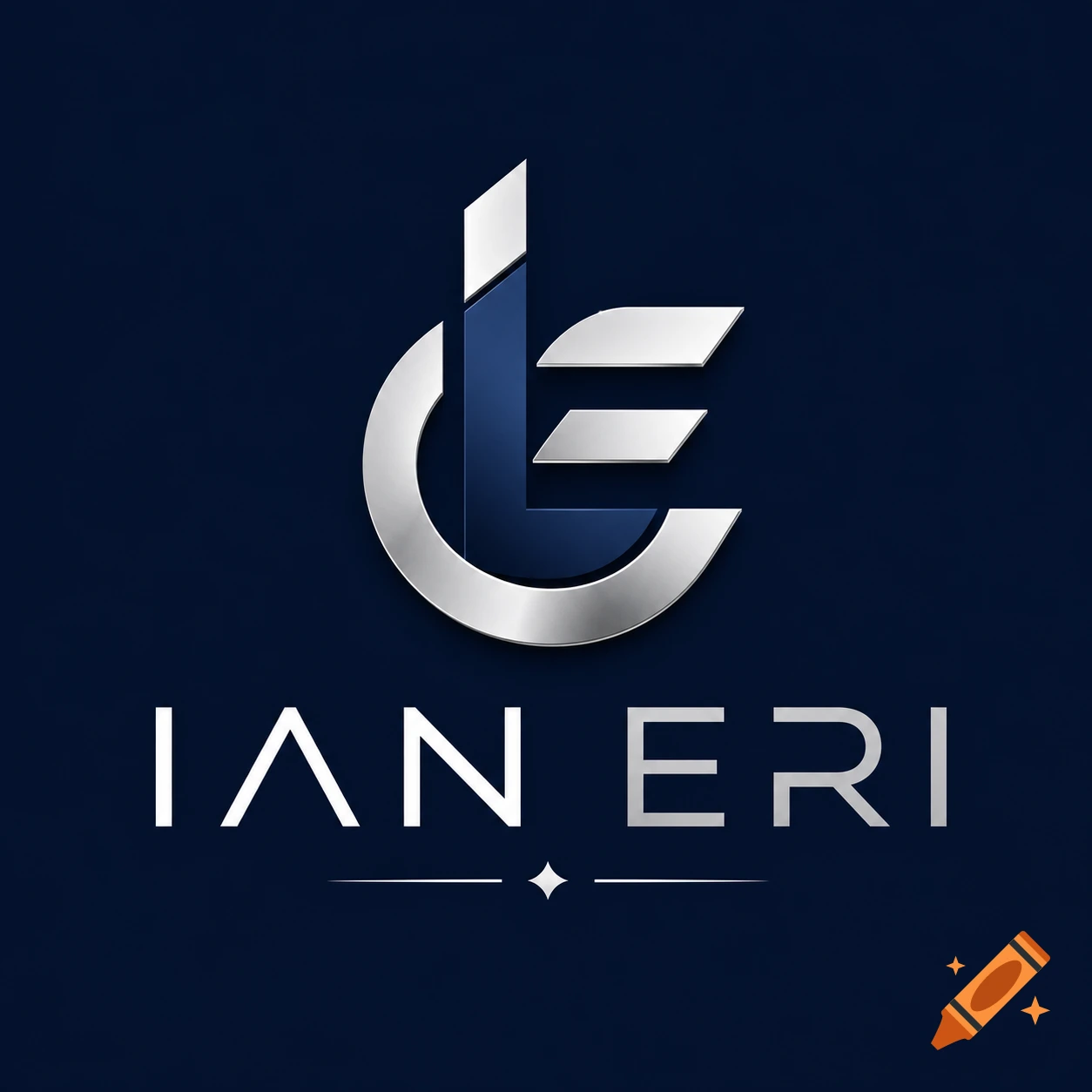 A modern metallic silver and blue logo featuring intertwined stylized letters above the name "IAN ERI" on a dark blue background.