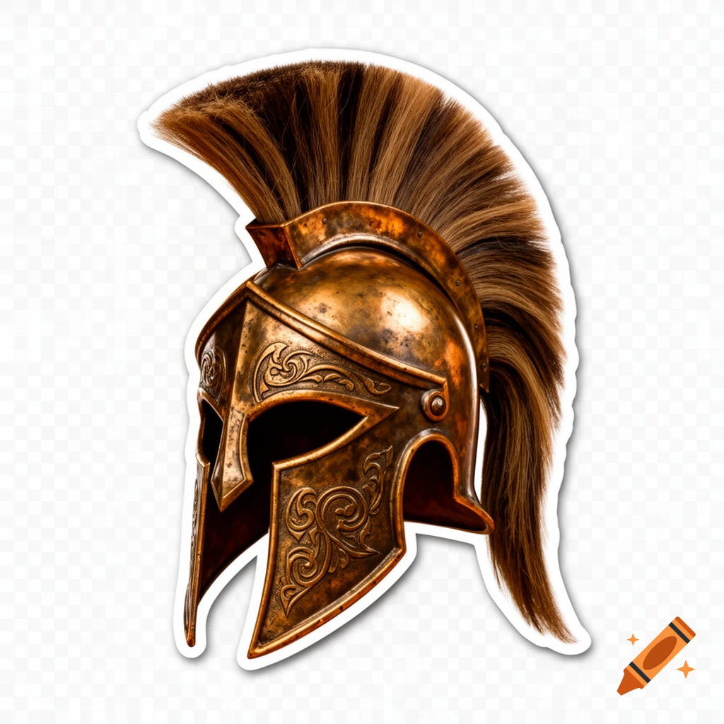 A detailed bronze Spartan helmet with a brown plume, depicted as a sticker with a white outline.