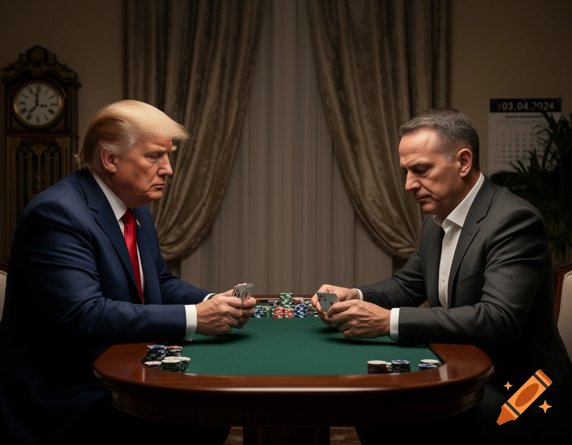 Photorealistic image of Donald Trump and Friedrich Merz intensely playing Texas Hold'em poker at a green table with chips and cards.