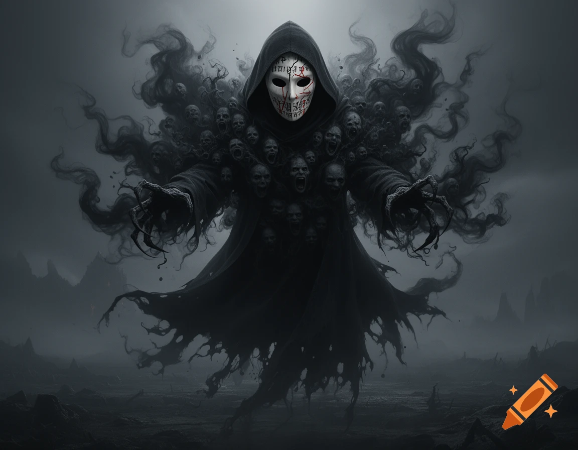 A cloaked dark fantasy entity with a white, cracked mask, glowing red lines, and symbols. Screaming faces emerge from black smoke around it in a desolate landscape.
