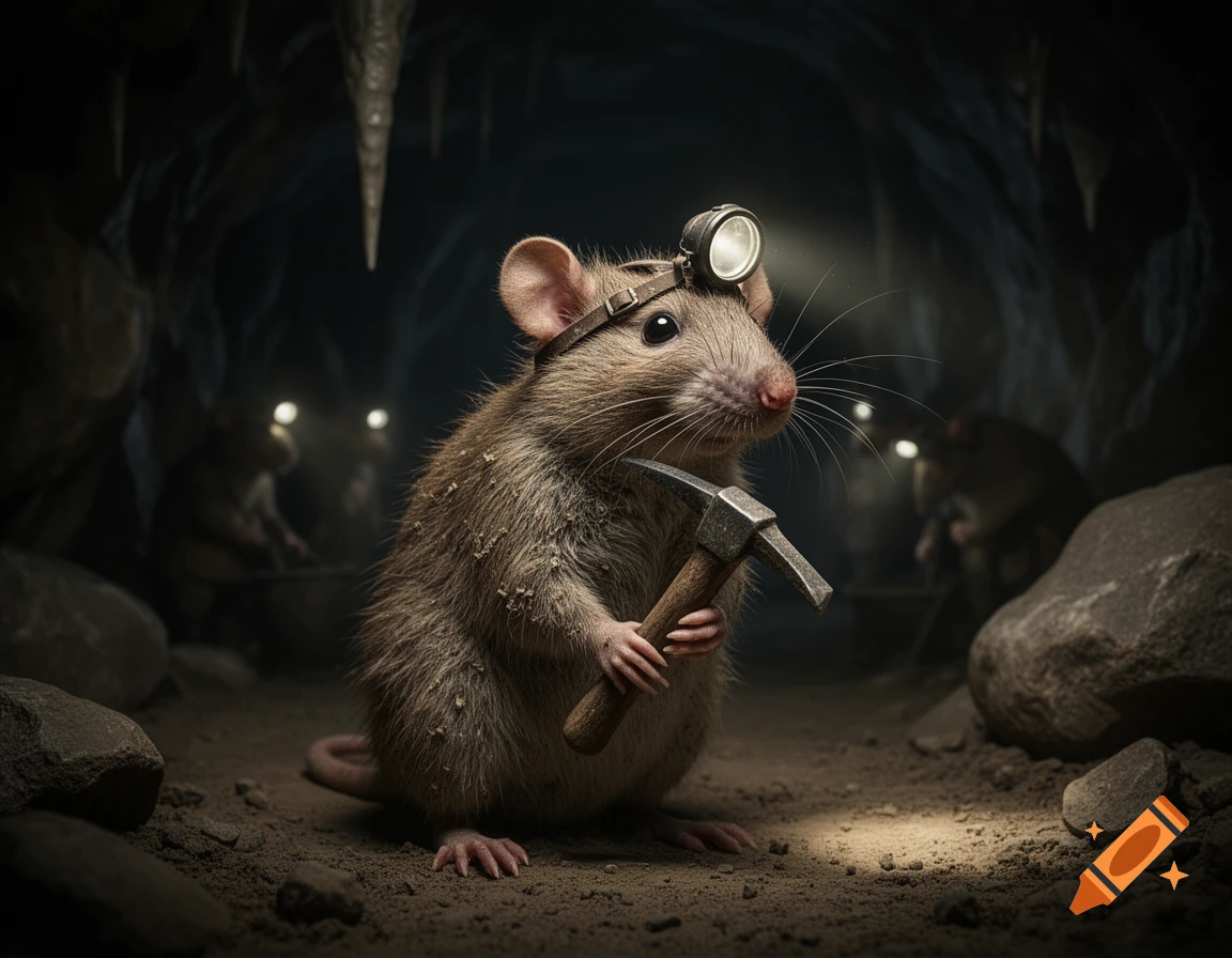 A detailed close-up of a dusty rat wearing a headlamp and holding a small pickaxe, working in a dark mine with other rats in the background.