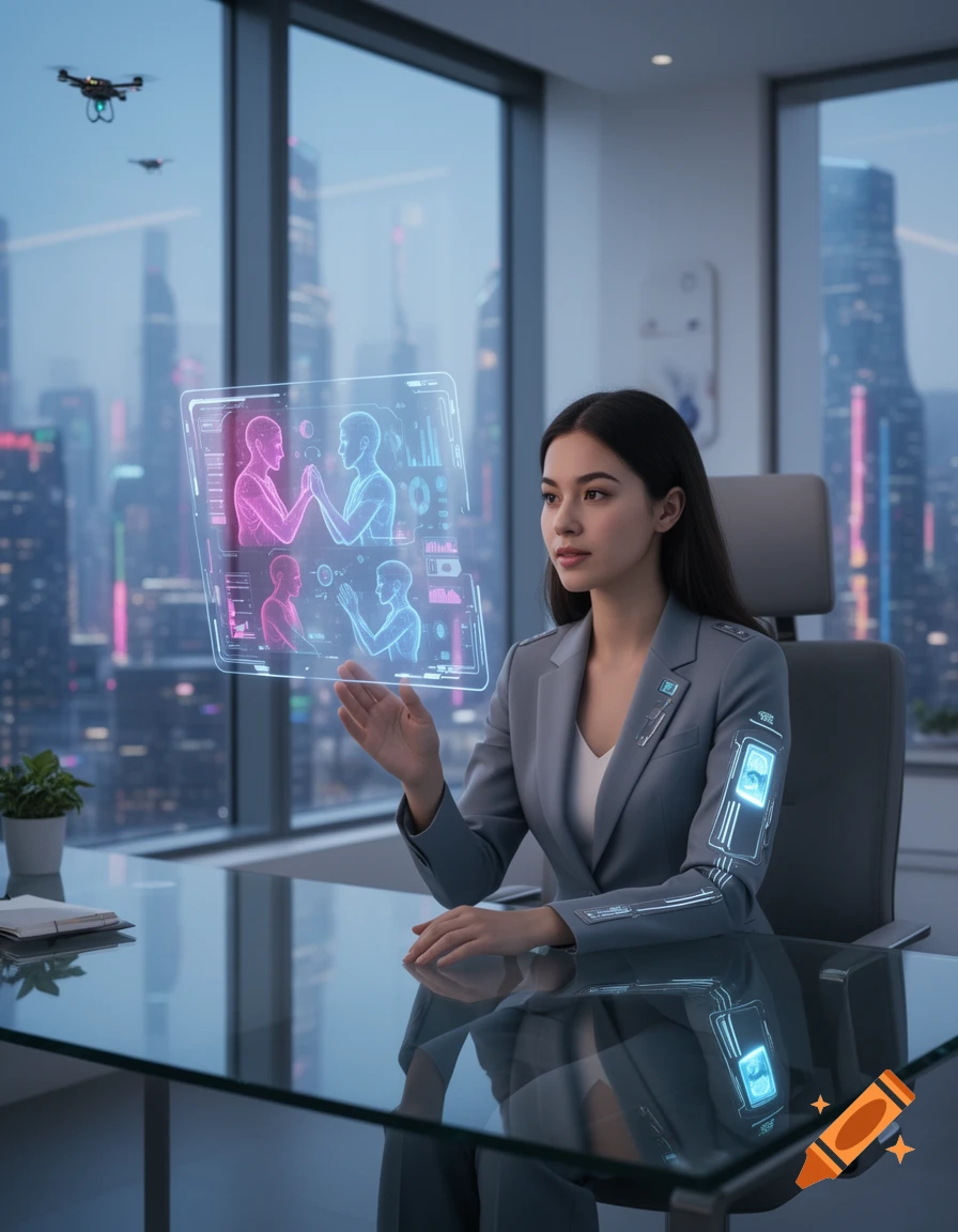 A young woman in a gray suit sits at a desk, interacting with a holographic screen in a futuristic office with a city view.