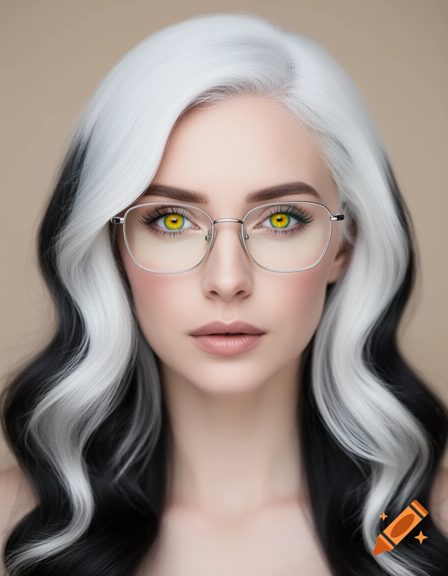 A close-up portrait of a woman with white and black wavy hair, bright yellow-green eyes, and silver-rimmed glasses.