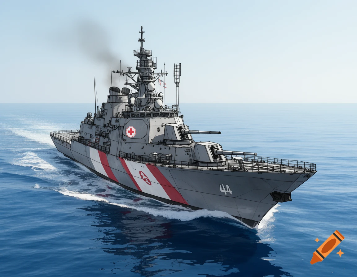 A stylized drawing of a gray naval vessel with a red cross emblem and red and white stripes, leaving a wake in blue ocean water.