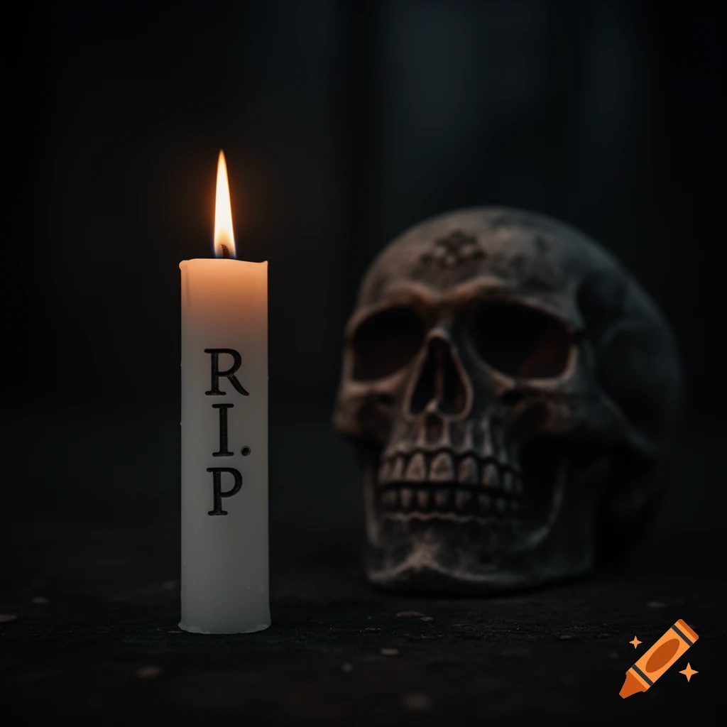 A burning white candle with 'R.I.P.' written on it stands in the foreground, with a detailed dark skull in the blurred background. Photorealistic style.