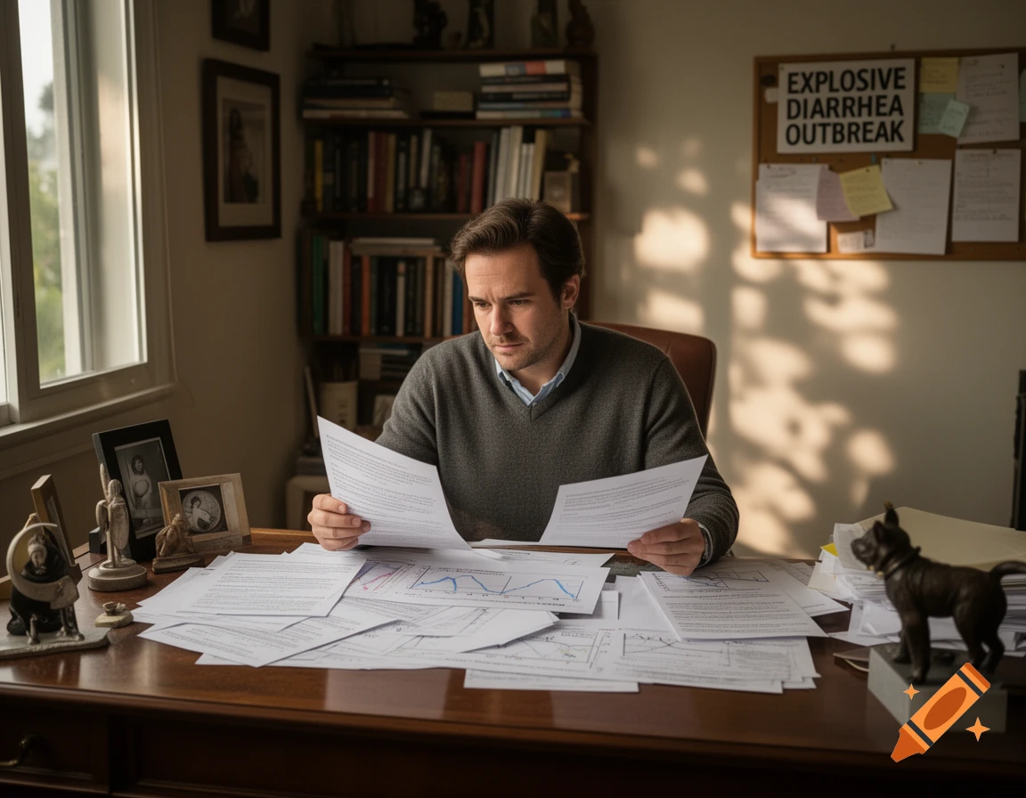 A man in a grey sweater sits at a cluttered office desk, intently reading documents. A corkboard behind him reads 'EXPLOSIVE DIARRHEA OUTBREAK'.
