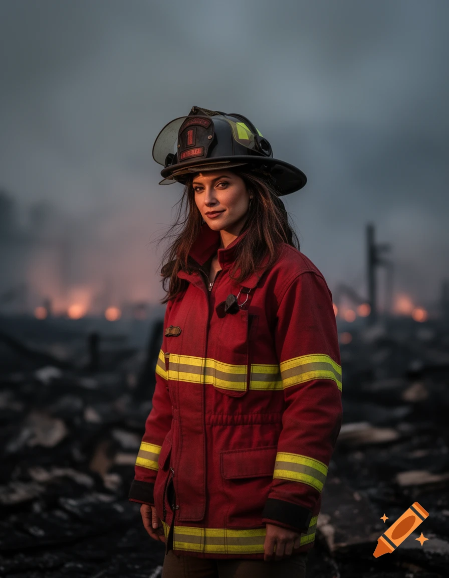 A photorealistic portrait of a female firefighter in a red uniform and helmet, standing amidst a smoky, burnt landscape with distant fires.