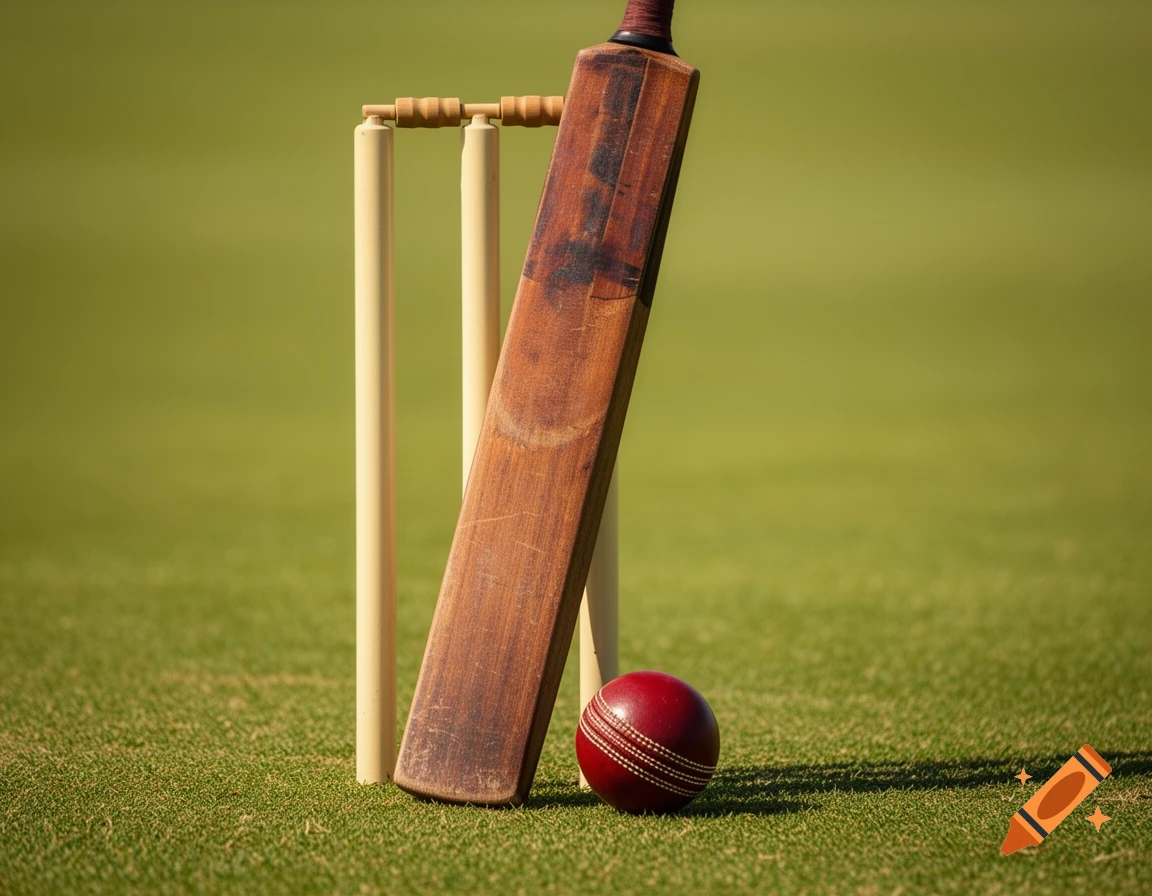 A close-up shot of a cricket bat leaning against three wickets with a red cricket ball on green grass.