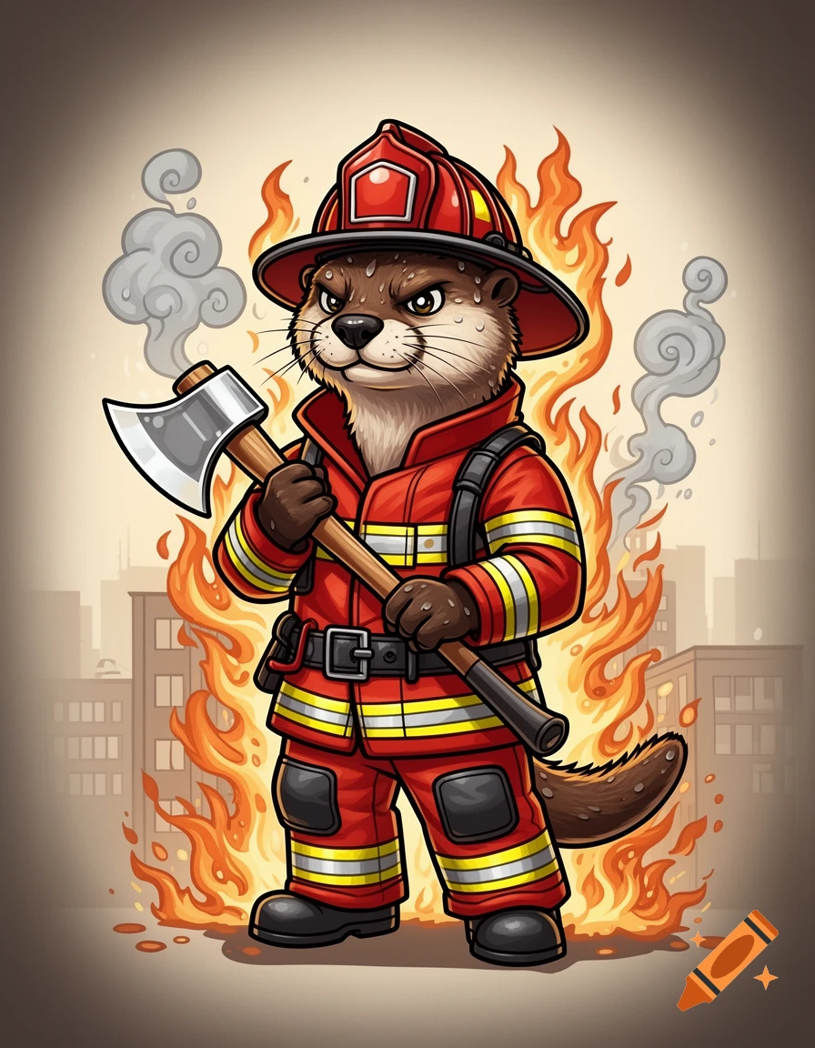 A determined cartoon otter firefighter in a red uniform and helmet holds an axe, standing before a backdrop of flames and city buildings.