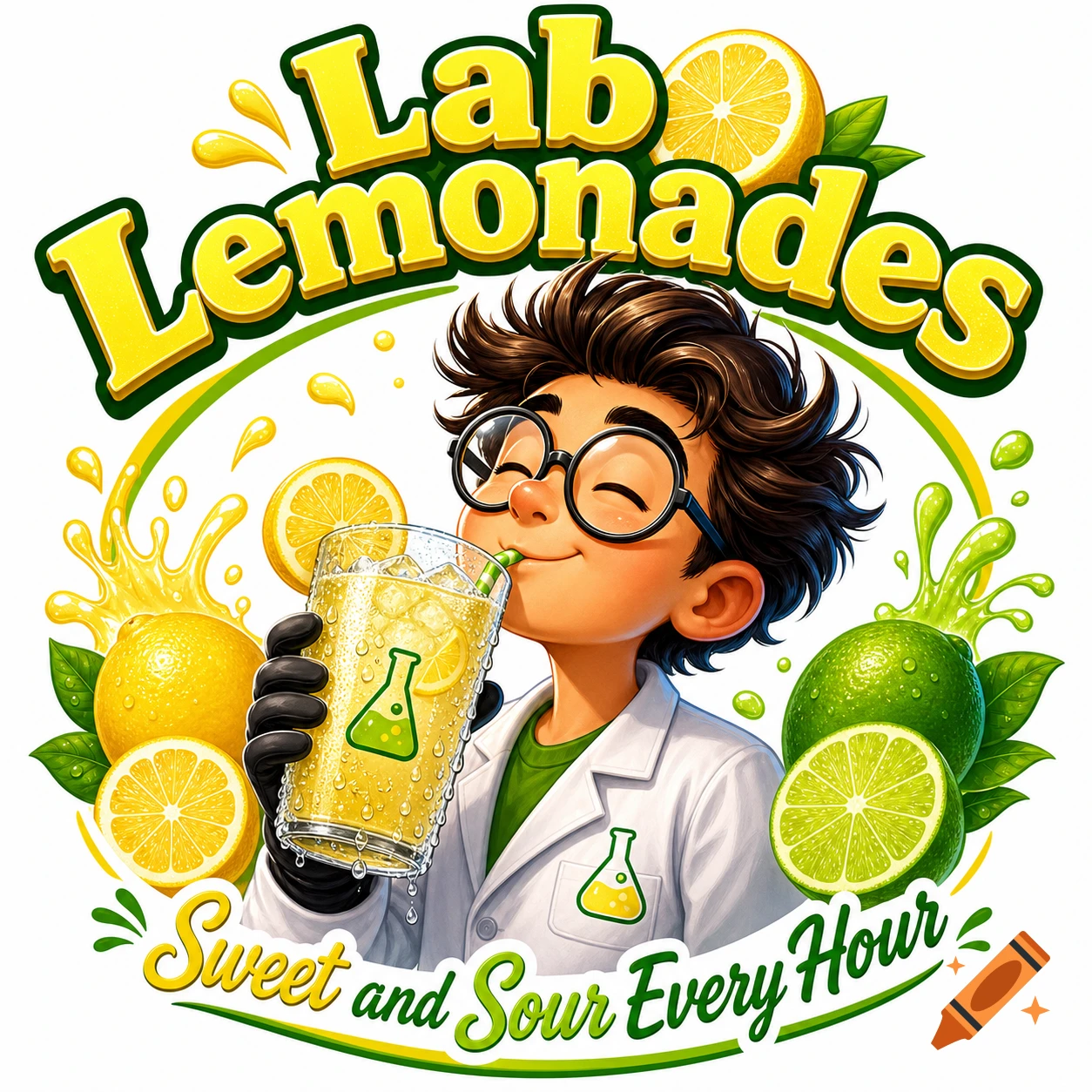 Cartoon logo of a boy in a lab coat drinking lemonade, surrounded by lemons and limes. Text reads "Lab Lemonades" and "Sweet and Sour Every Hour".