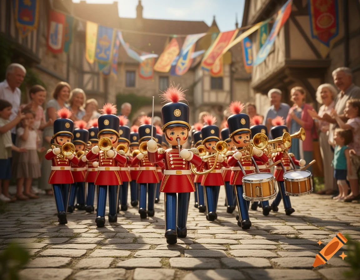 A whimsical toy marching band parades down a cobbled street lined with cheering spectators and colorful banners.