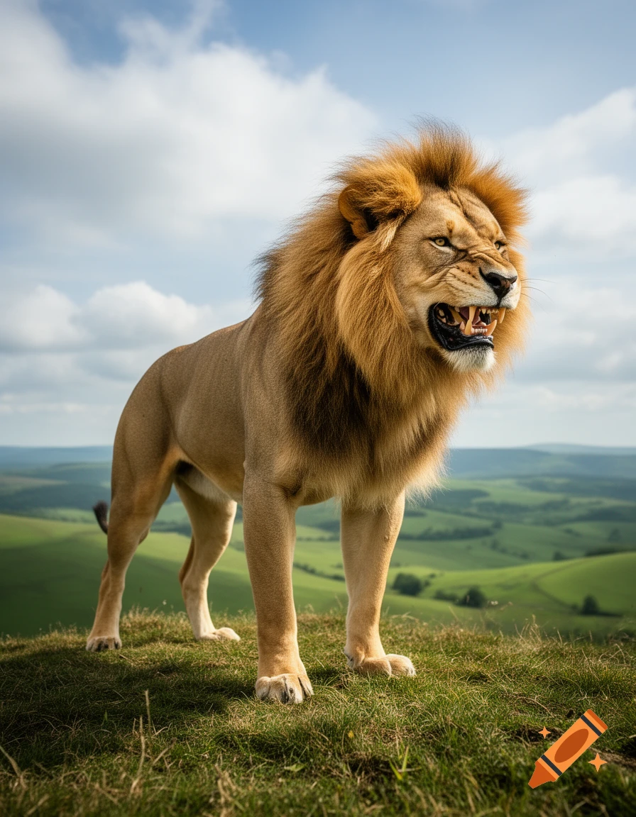 A majestic lion with a full mane roars on a grassy hill, with rolling green hills and a cloudy sky in the background.