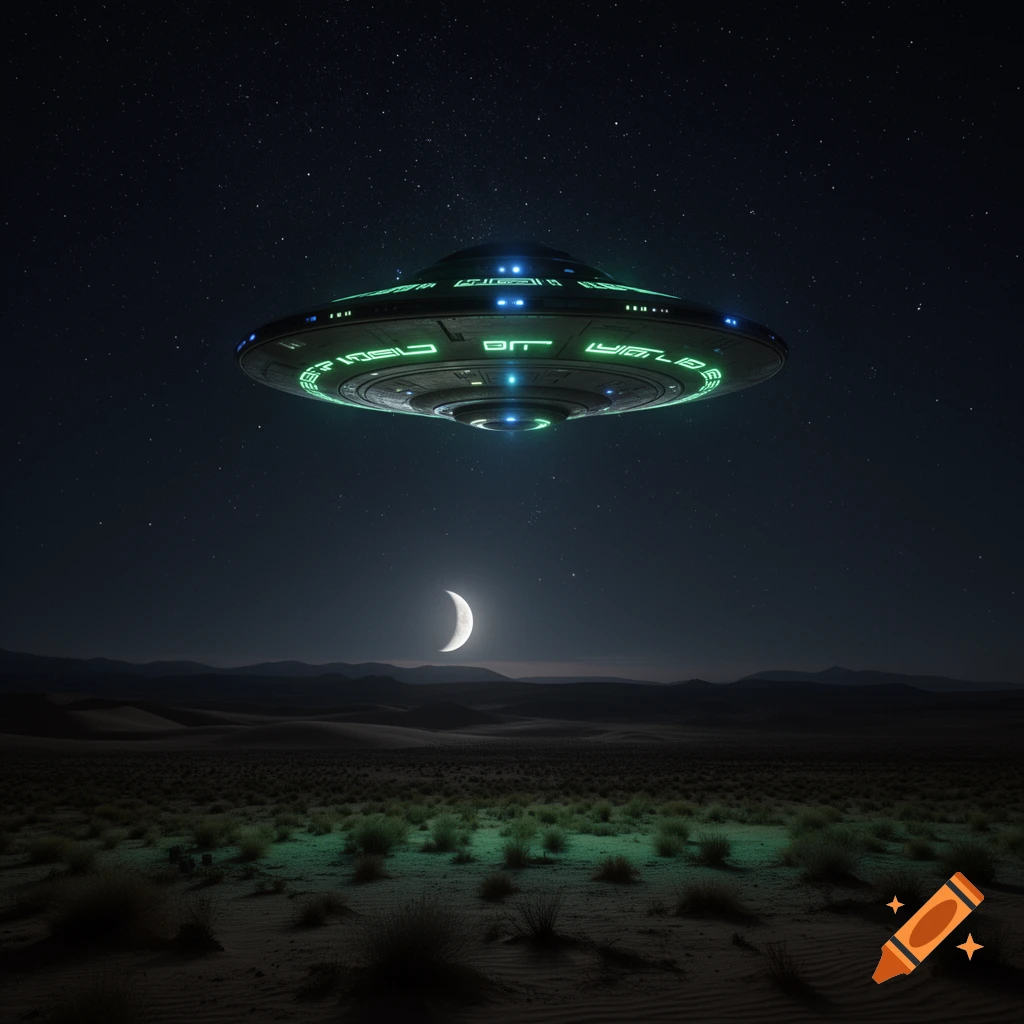 A luminous UFO hovers above a barren desert landscape under a starry night sky with a crescent moon.