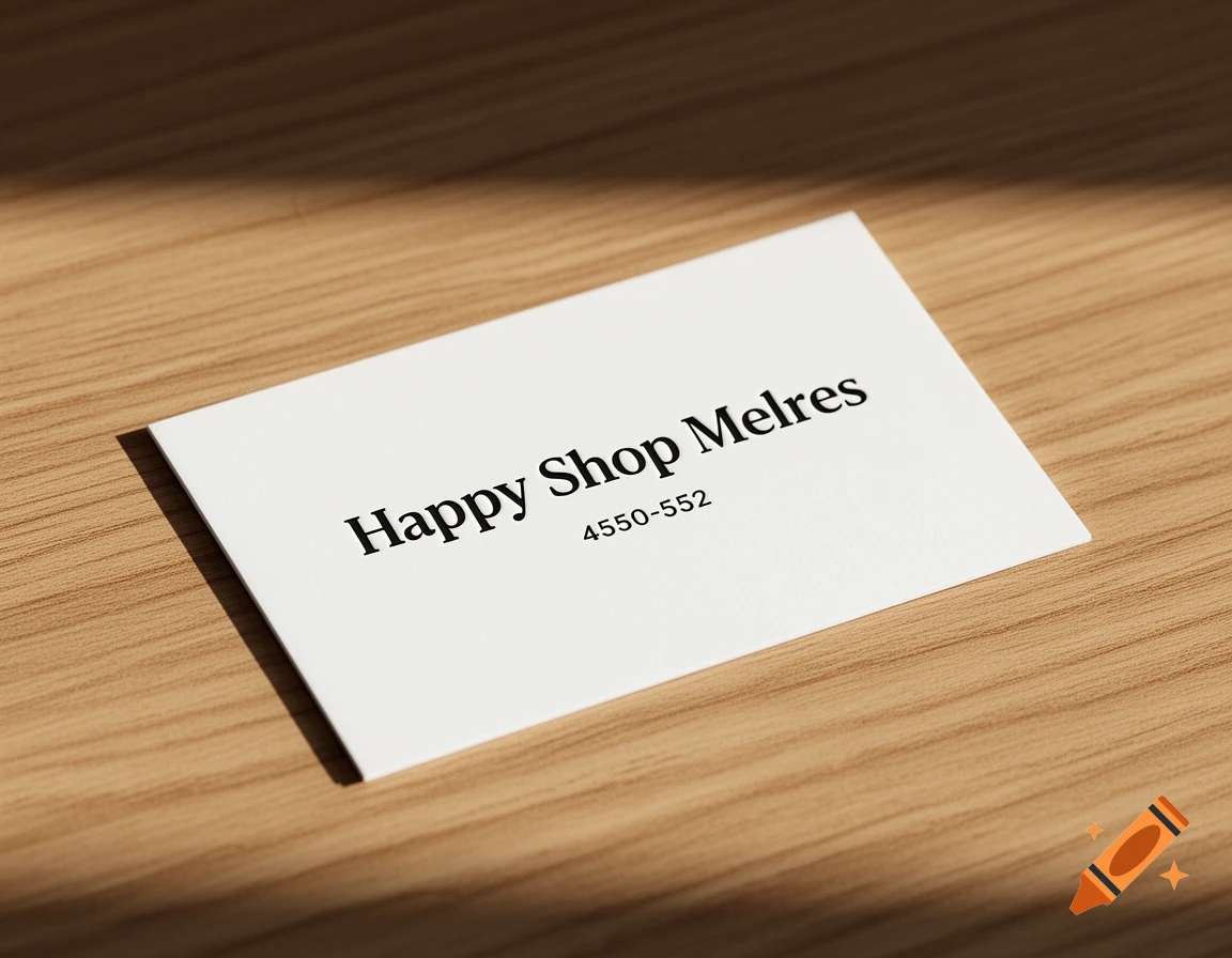 A white business card with "Happy Shop Melres 4550-552" printed in black, resting on a wooden table with soft shadows.