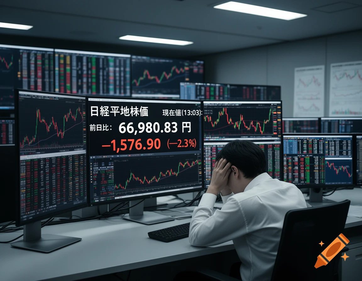 A distressed stock trader with head in hands sits in front of multiple monitors displaying red stock market graphs in a dimly lit office.