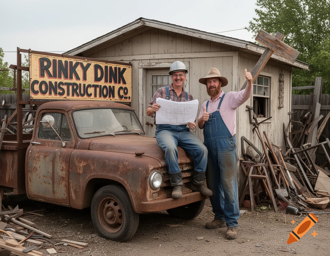 Two smiling men, one on a rusty truck, one standing with a hammer, giving thumbs up in front of a "Rinky Dink Construction Co." sign and shed.