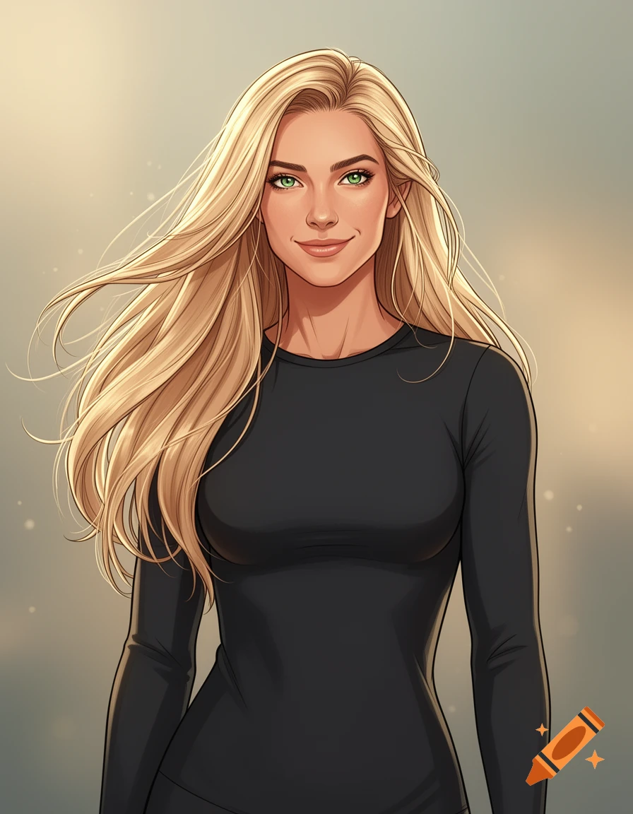 Cartoon portrait of a smiling woman with long blonde hair and green eyes, wearing a black long-sleeved shirt.
