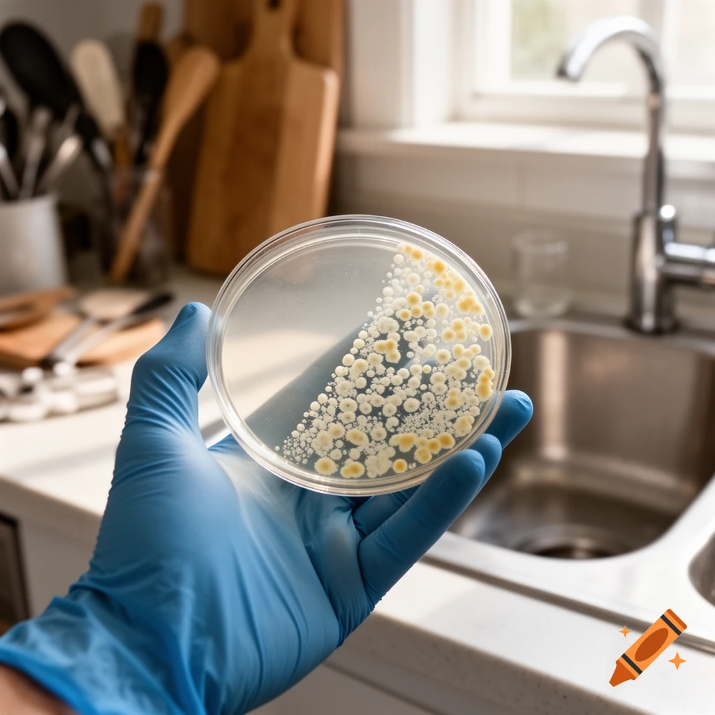 A person in a blue glove holds a petri dish filled with bacterial colonies in a sunlit kitchen with a sink.