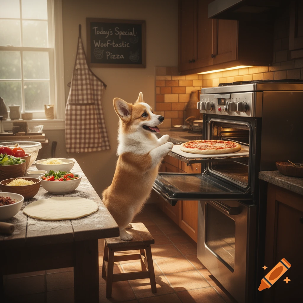 A corgi stands on a stool in a cozy kitchen, happily putting a pizza into an open oven. A chalkboard reads "Woof-tastic Pizza".