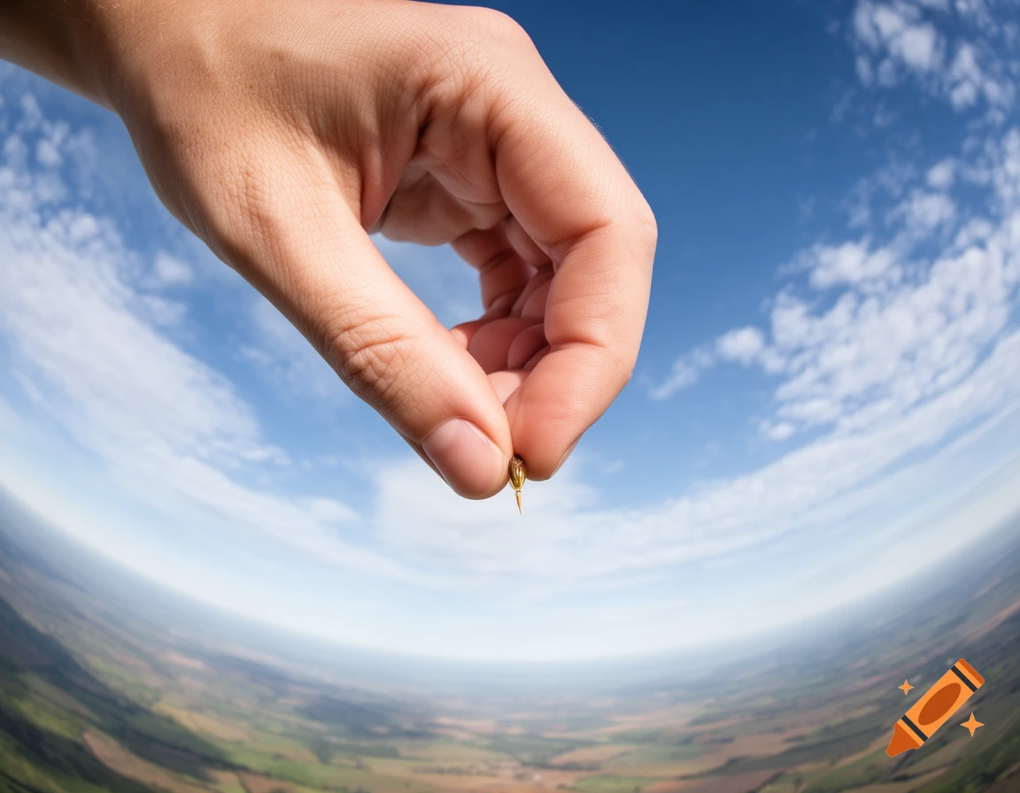 A large hand holds a tiny seed against a vast blue sky with clouds and a curved, distant landscape, viewed with a fisheye lens.