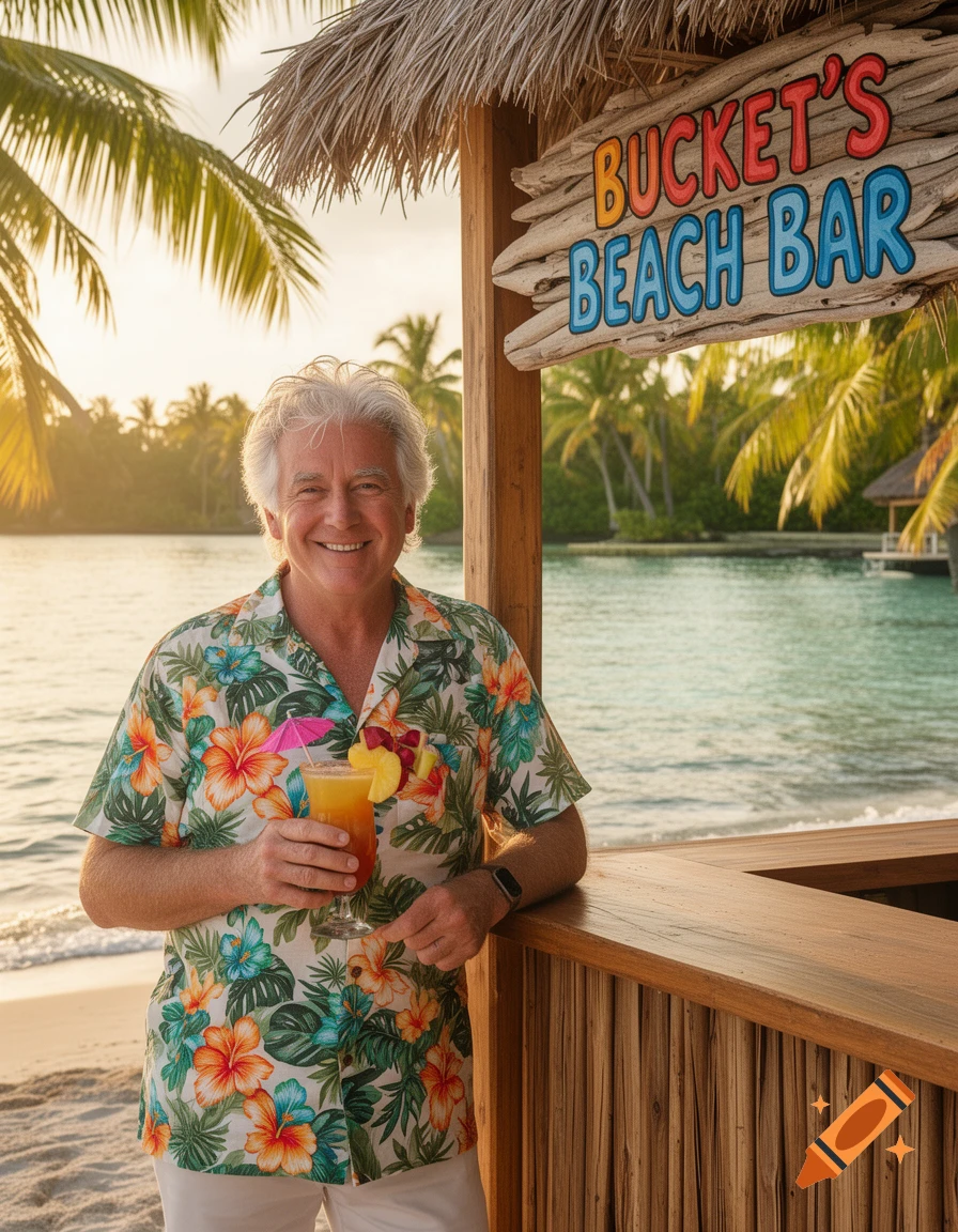 Smiling man with white hair in a tropical shirt holds a cocktail at 'Bucket's Beach Bar' on a sunny tropical beach.