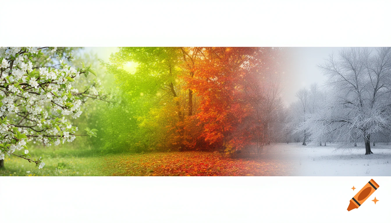 Panoramic view transitioning through spring blossoms, lush summer, vibrant autumn foliage, and a frosty winter landscape.