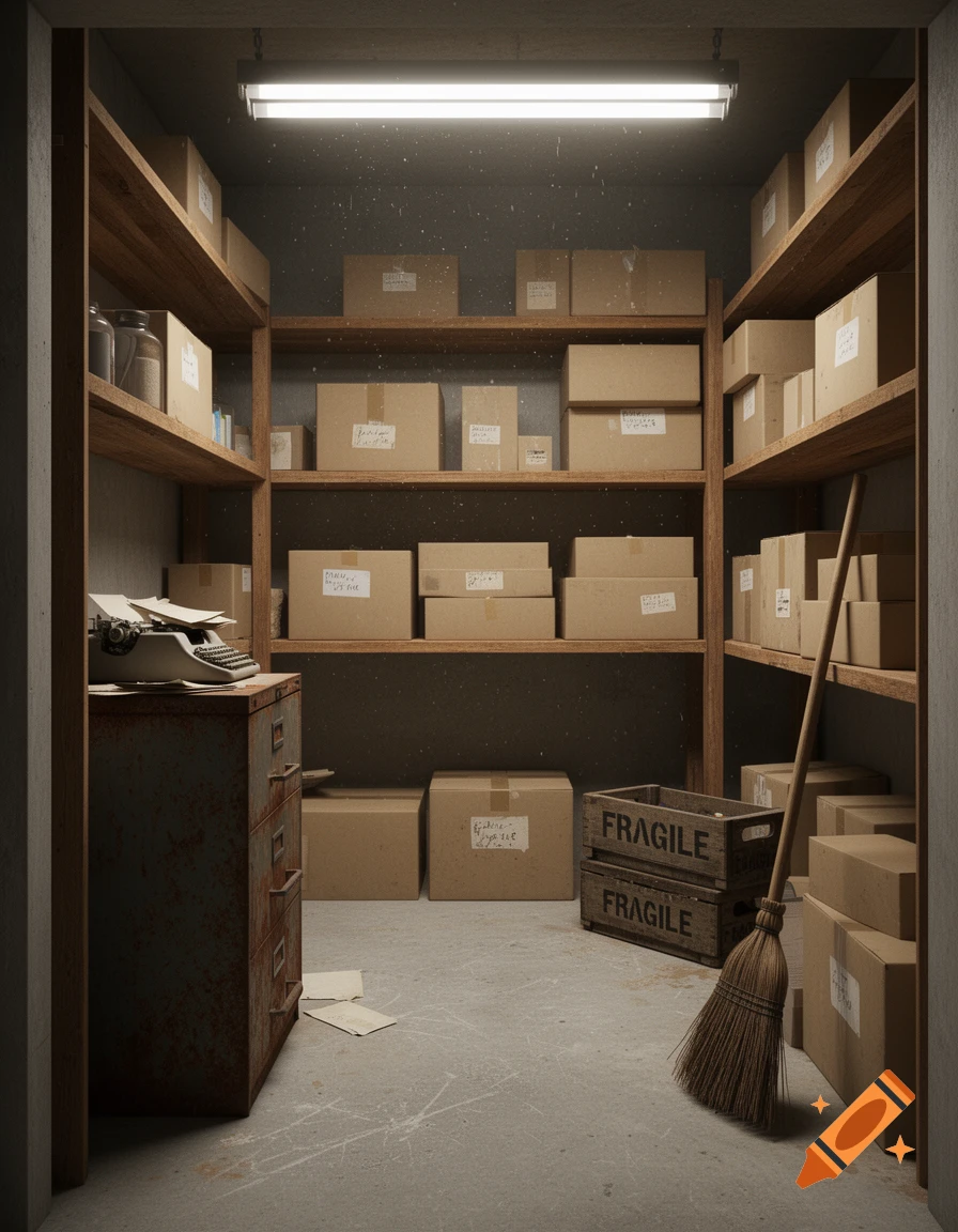 A cramped, dusty storage room filled with wooden shelves holding numerous cardboard boxes, a rusty filing cabinet, a typewriter, and a broom leaning against a wall.