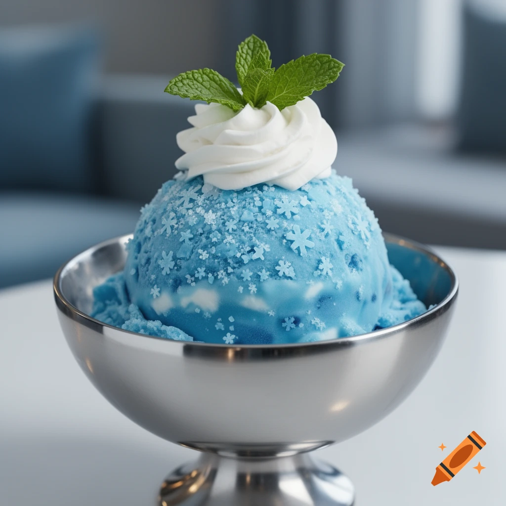 A close-up, photorealistic shot of a scoop of light blue ice cream with white whipped cream and mint leaves in a silver bowl. The ice cream is topped with small white snowflake sprinkles.