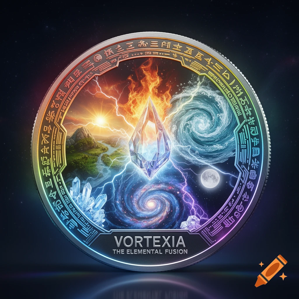 A highly detailed, futuristic collectible coin named Vortexia, featuring a glowing crystal core surrounded by fused elemental forces like fire, water, lightning, a galaxy, and landscape, against a dark cosmic background.