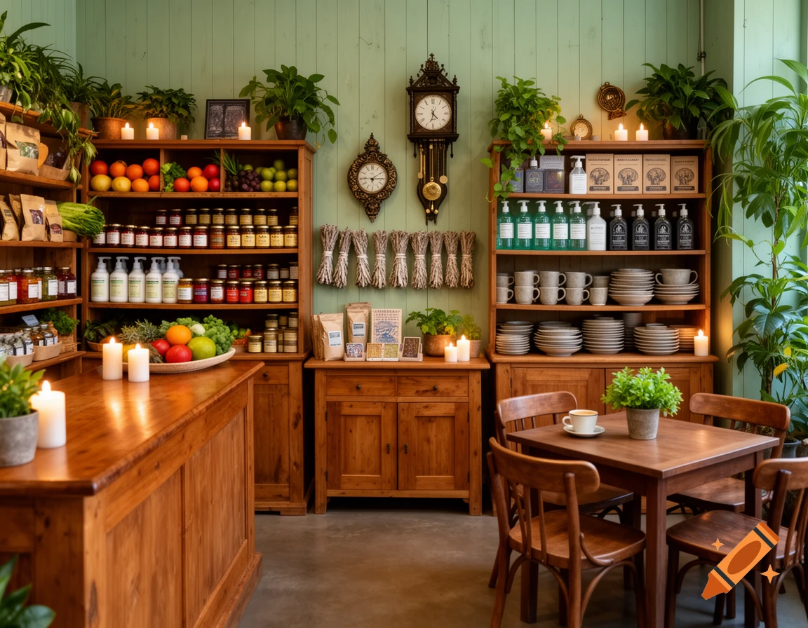 A cozy shop interior with wooden shelves stocked with fruits, jars, bottles, ceramics, and plants. A small table with chairs offers a coffee cup.