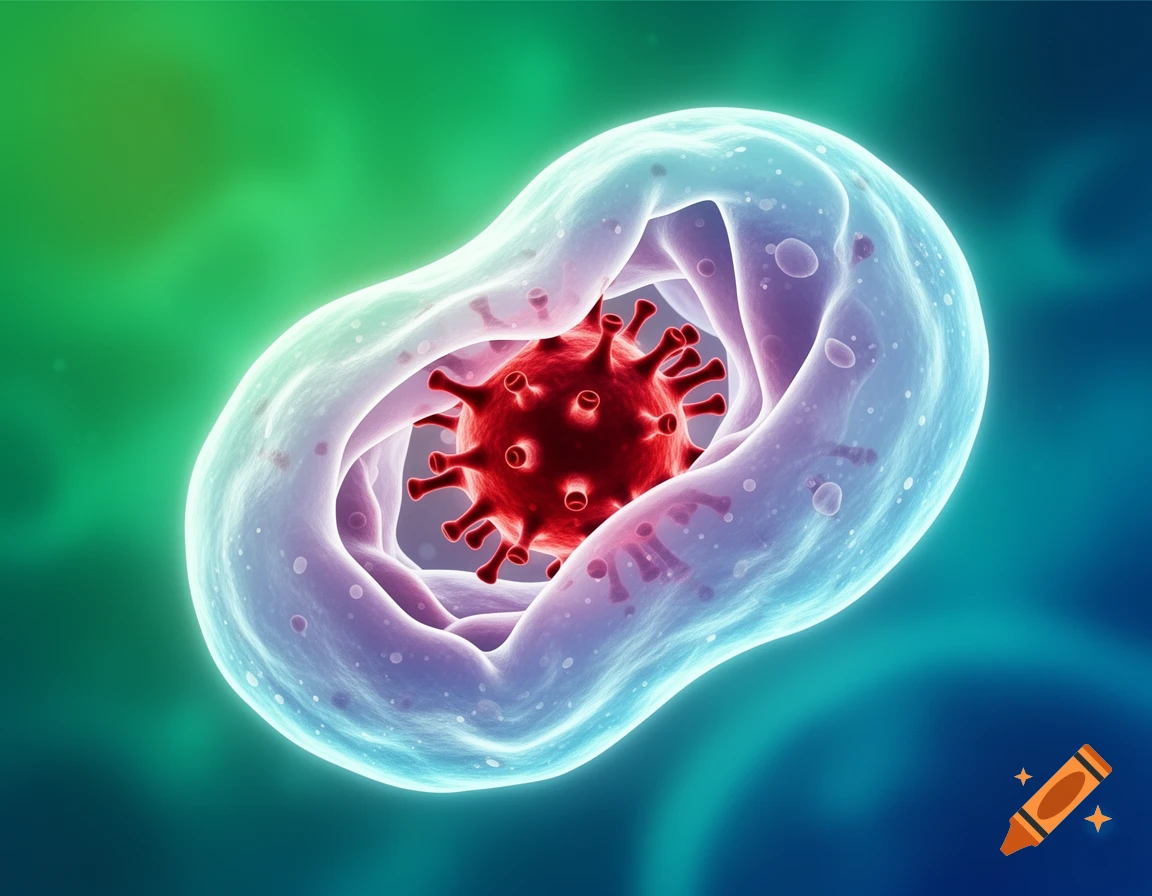 A red virus with spikes inside a translucent blue and purple white blood cell, against a green and blue gradient background.
