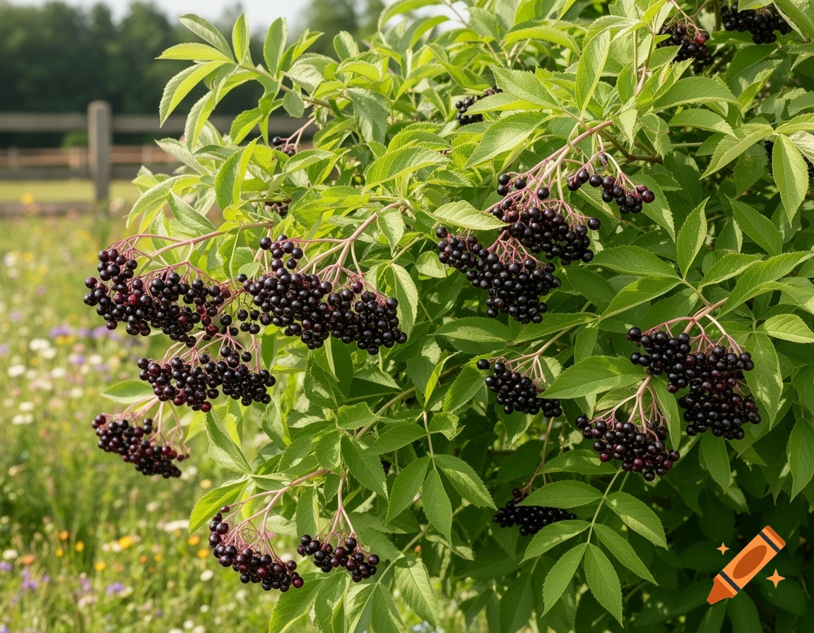 Close-up of ripe black elderberries hanging in clusters from a green leafy bush in a sunny field.