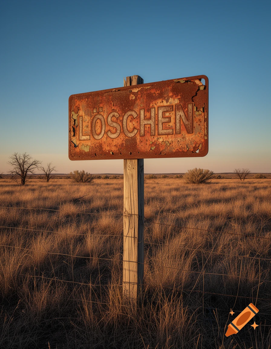 A rusty metal sign with 'LÖSCHEN' etched on it stands in a sunlit, dry grass field under a clear blue sky.