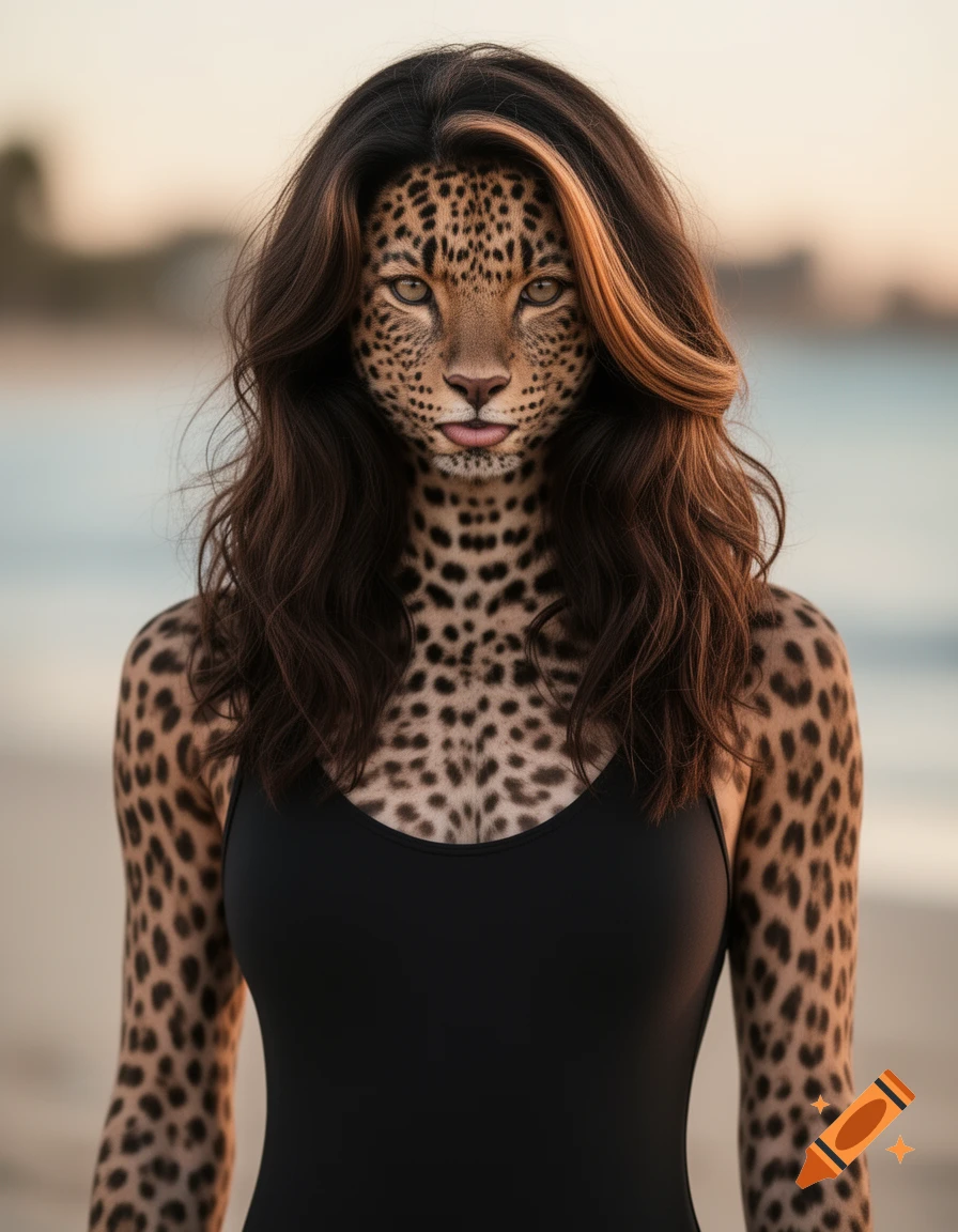 Photorealistic portrait of a leopard-skinned woman with long brown hair, wearing a black swimsuit, standing on a beach.