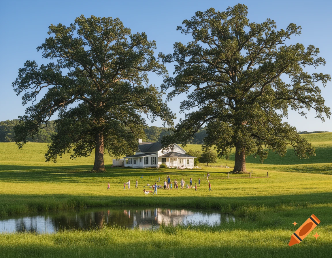 A white farmhouse nestled between two massive oak trees, with children playing in a sunny green field by a pond.