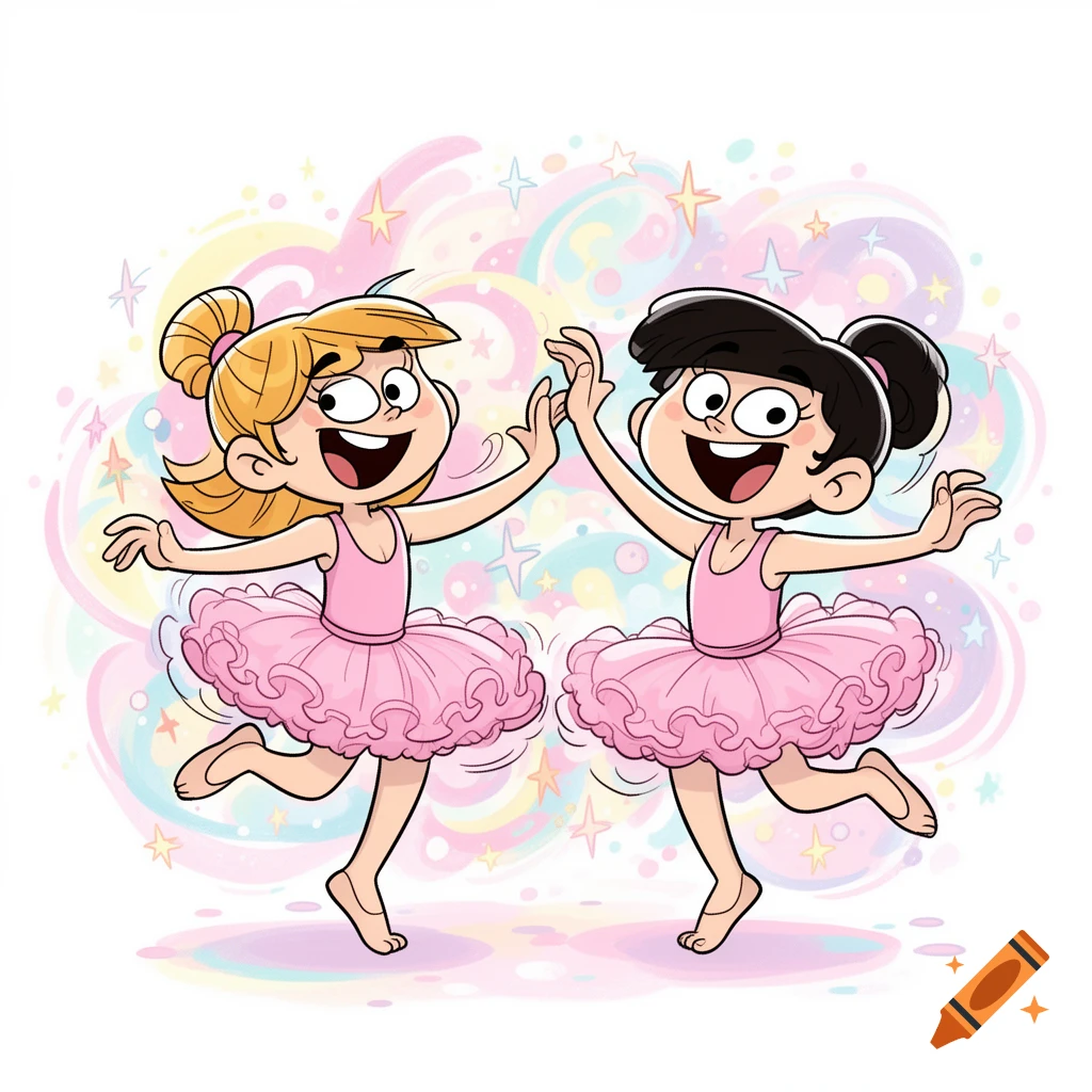 Two cheerful cartoon girls in pink tutus dancing with a background of pastel swirls and stars.
