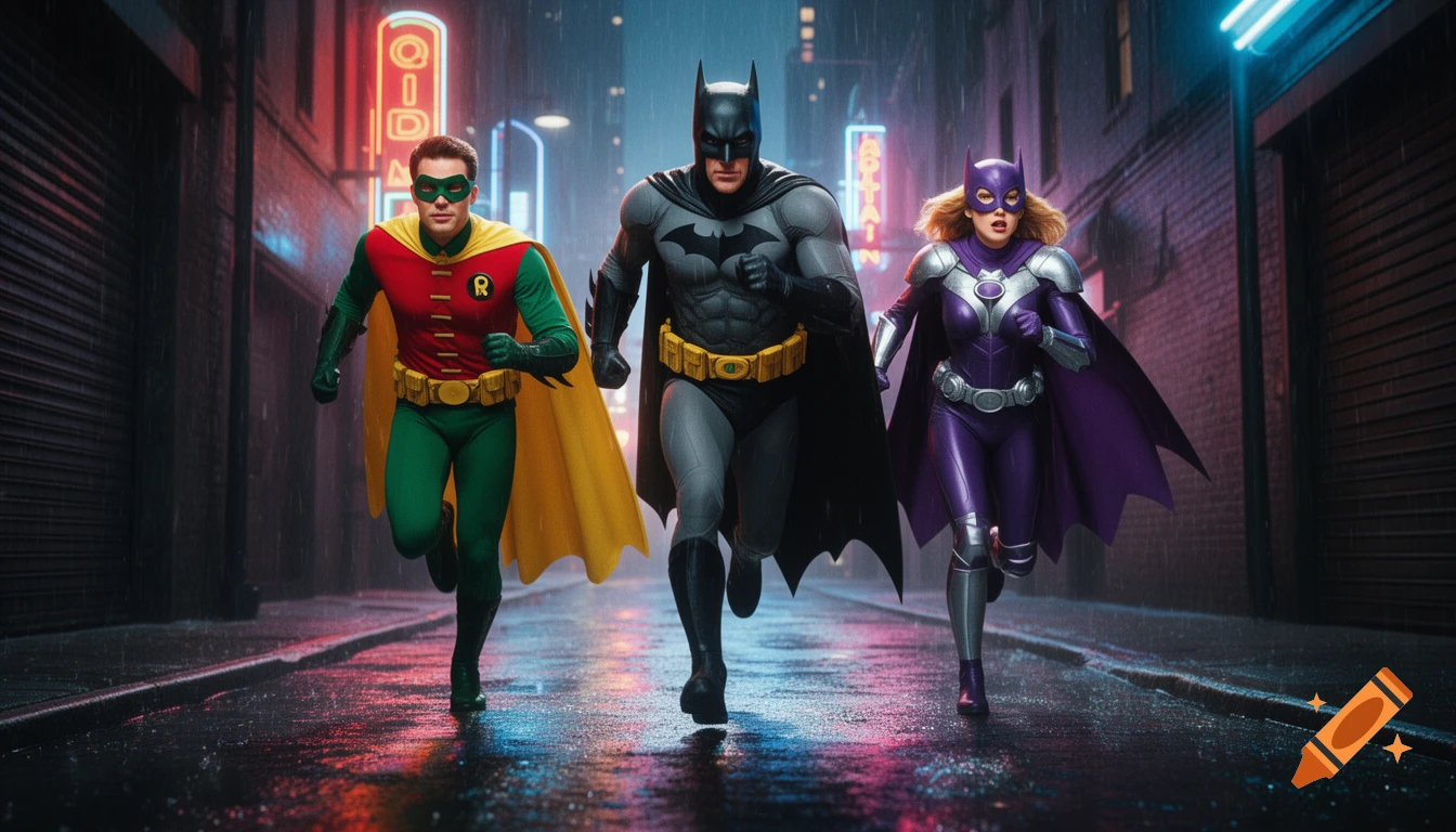 Batman, Robin, and Batgirl run through a rain-slicked Gotham City alley at night, lit by neon signs, in a photorealistic cinematic style.
