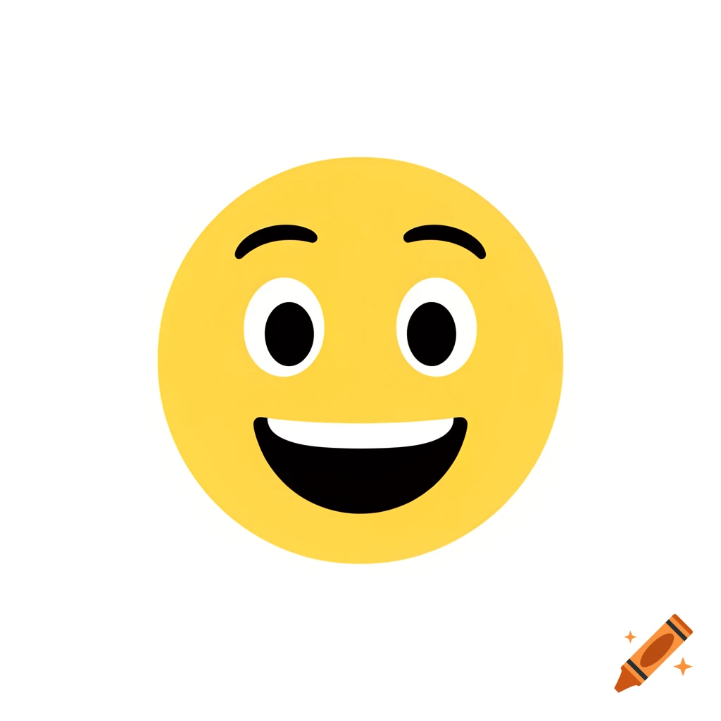 A standard yellow happy face emoji with a wide, open smile and black oval eyes and eyebrows on a white background.