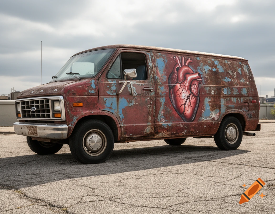 A rusty, red and blue Ford van with a large, realistic anatomical heart painted on its side, parked on asphalt.