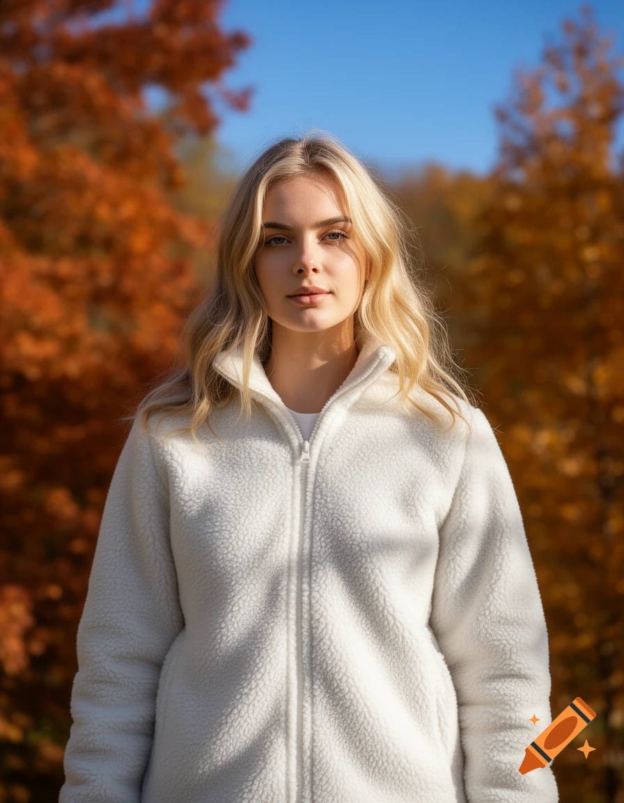 A young blonde woman in a white fleece jacket stands outdoors against a blurred background of autumn trees under a blue sky.