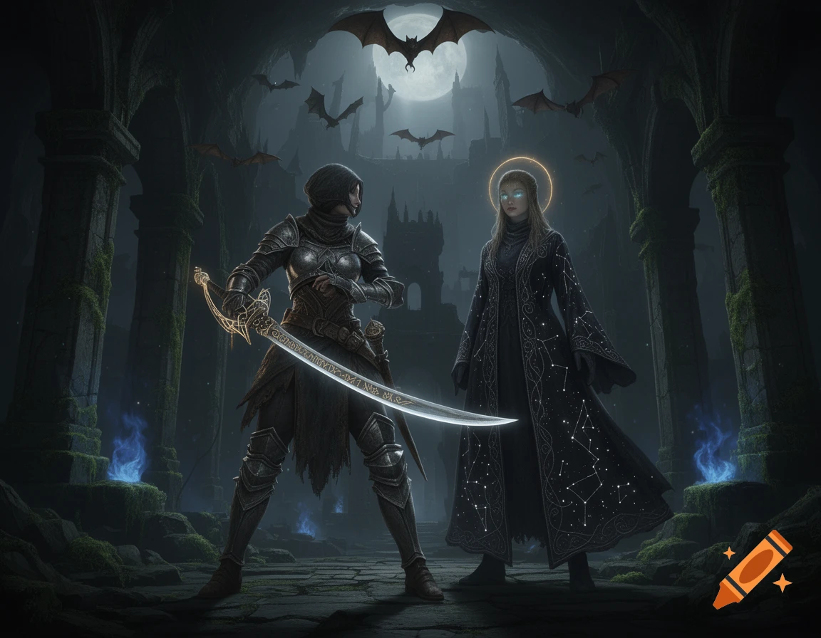 Two armored and robed fantasy women stand in a dark, gothic ruin with bats flying under a full moon.