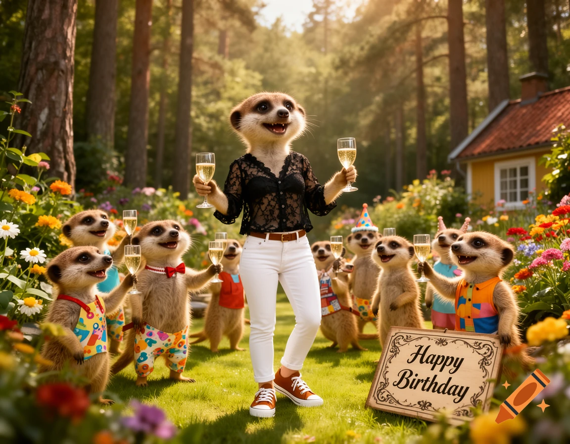 Photorealistic image of anthropomorphic meerkats celebrating a birthday party in a lush, sunlit garden. A sign reads 'Happy Birthday'.