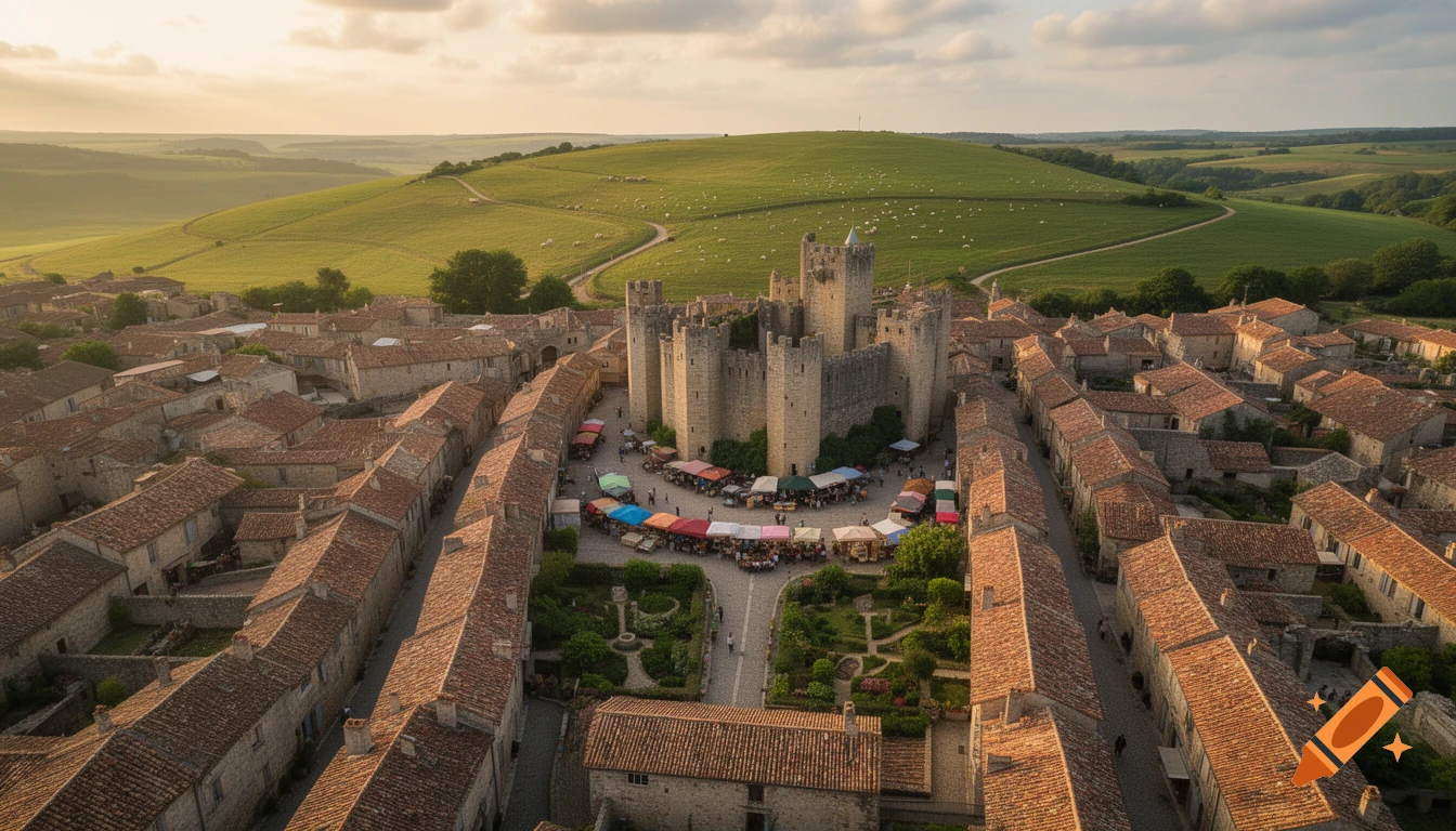 Aerial view of a medieval walled city with a large castle, surrounded by a lively market square and rolling green hills at sunset.