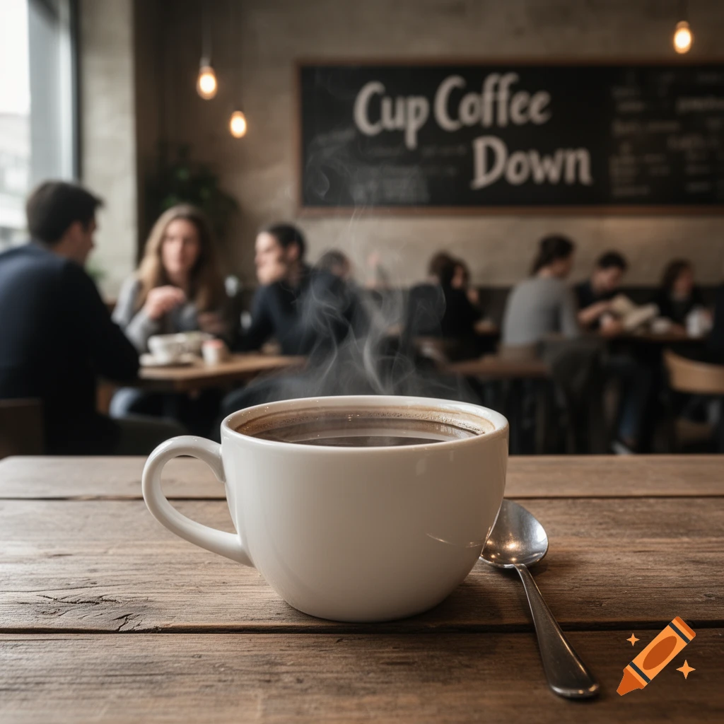 Photorealistic image of a steaming cup of black coffee and a spoon on a wooden table in a busy coffee shop.