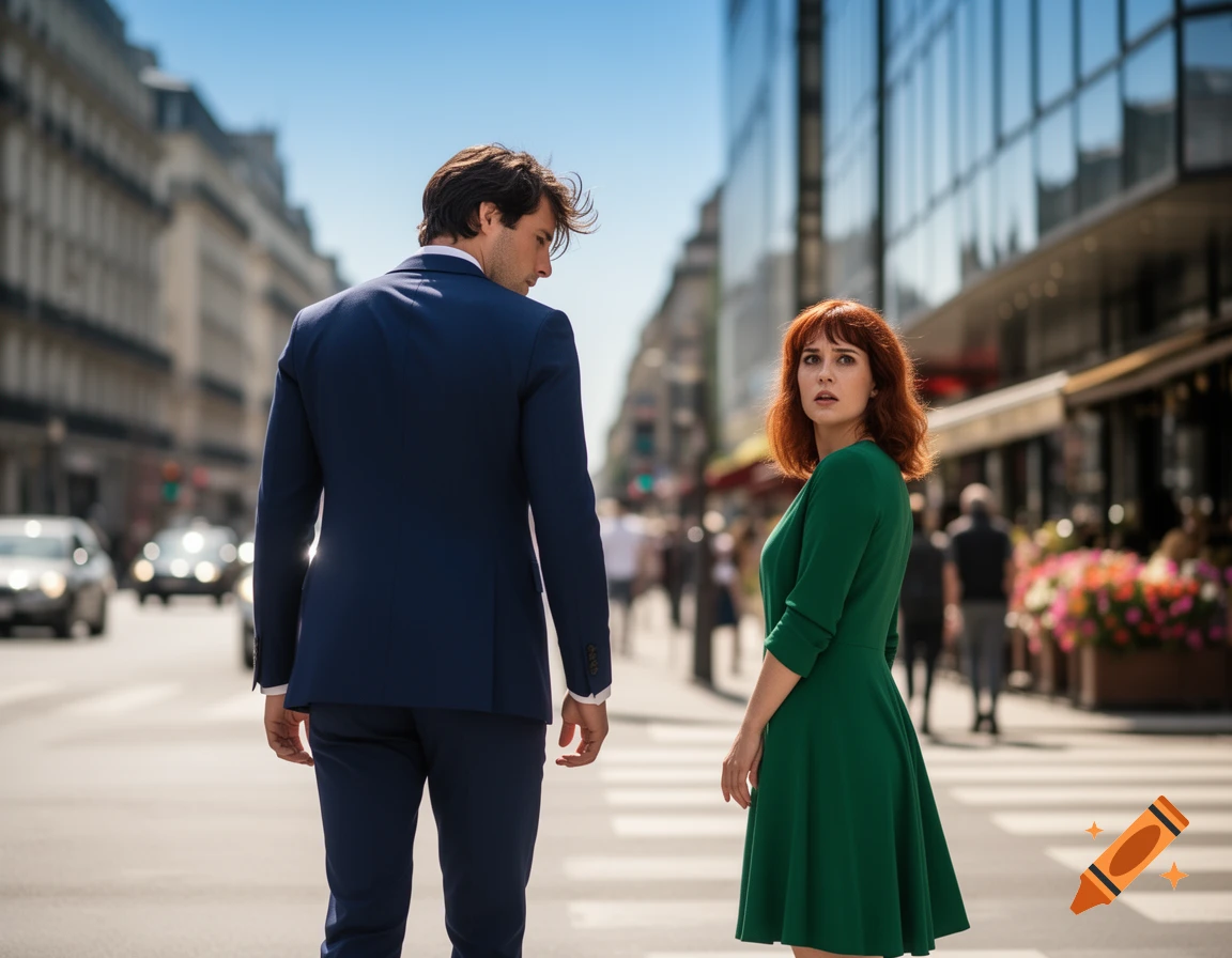 A man in a suit walks away from a woman in a green dress on a sunny city street, as she looks back at him. Photorealistic.