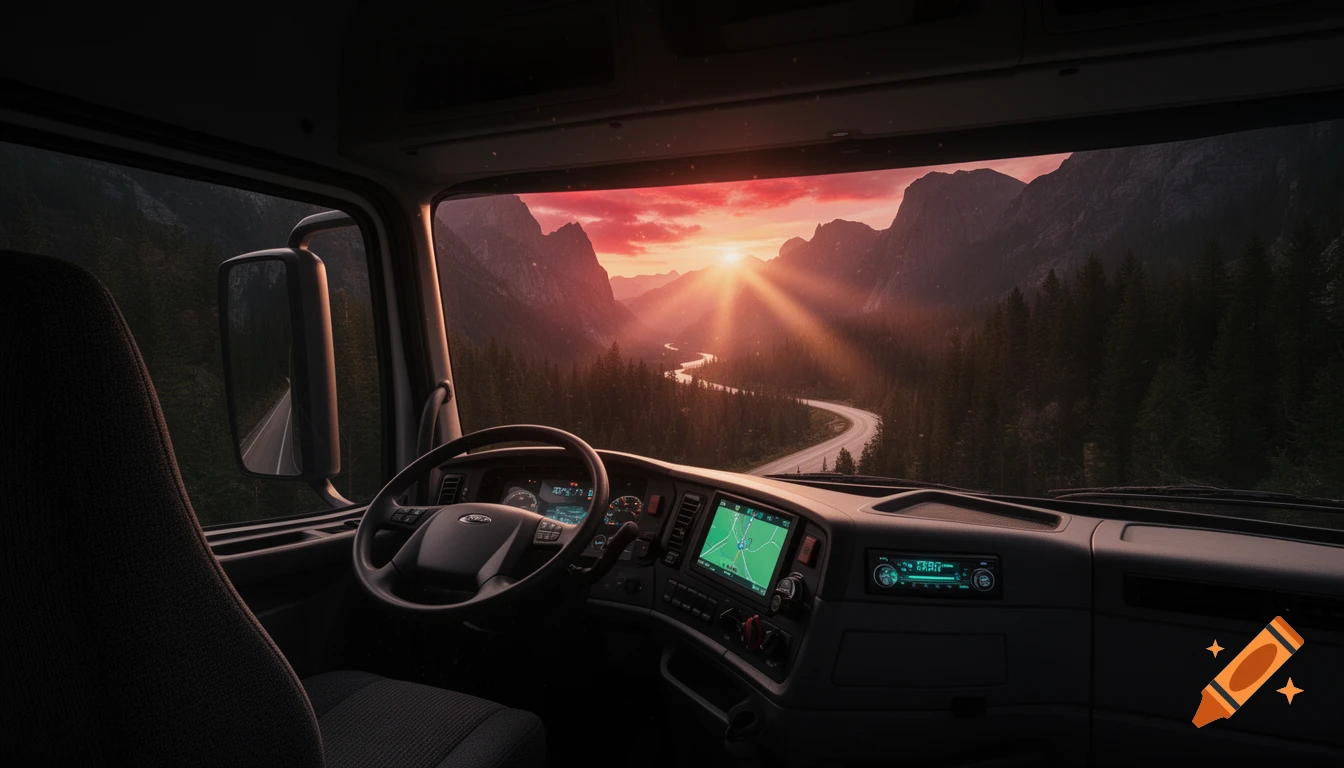 View from a truck cab looking out at a winding mountain road through pine forests at a fiery sunset.