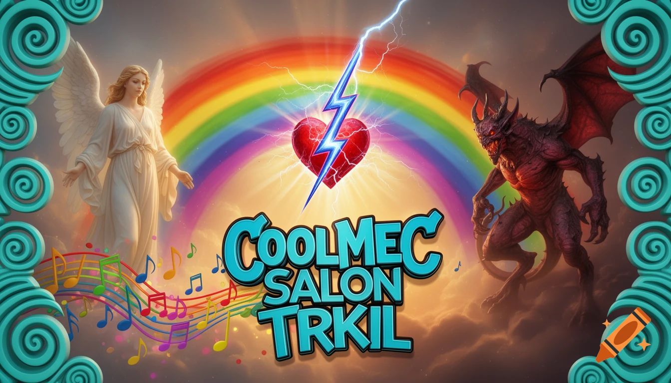 A vibrant illustration of an angel, a demon, a rainbow, a heart struck by lightning, music notes, and text 'COOLMEC SALON TRKIL'.